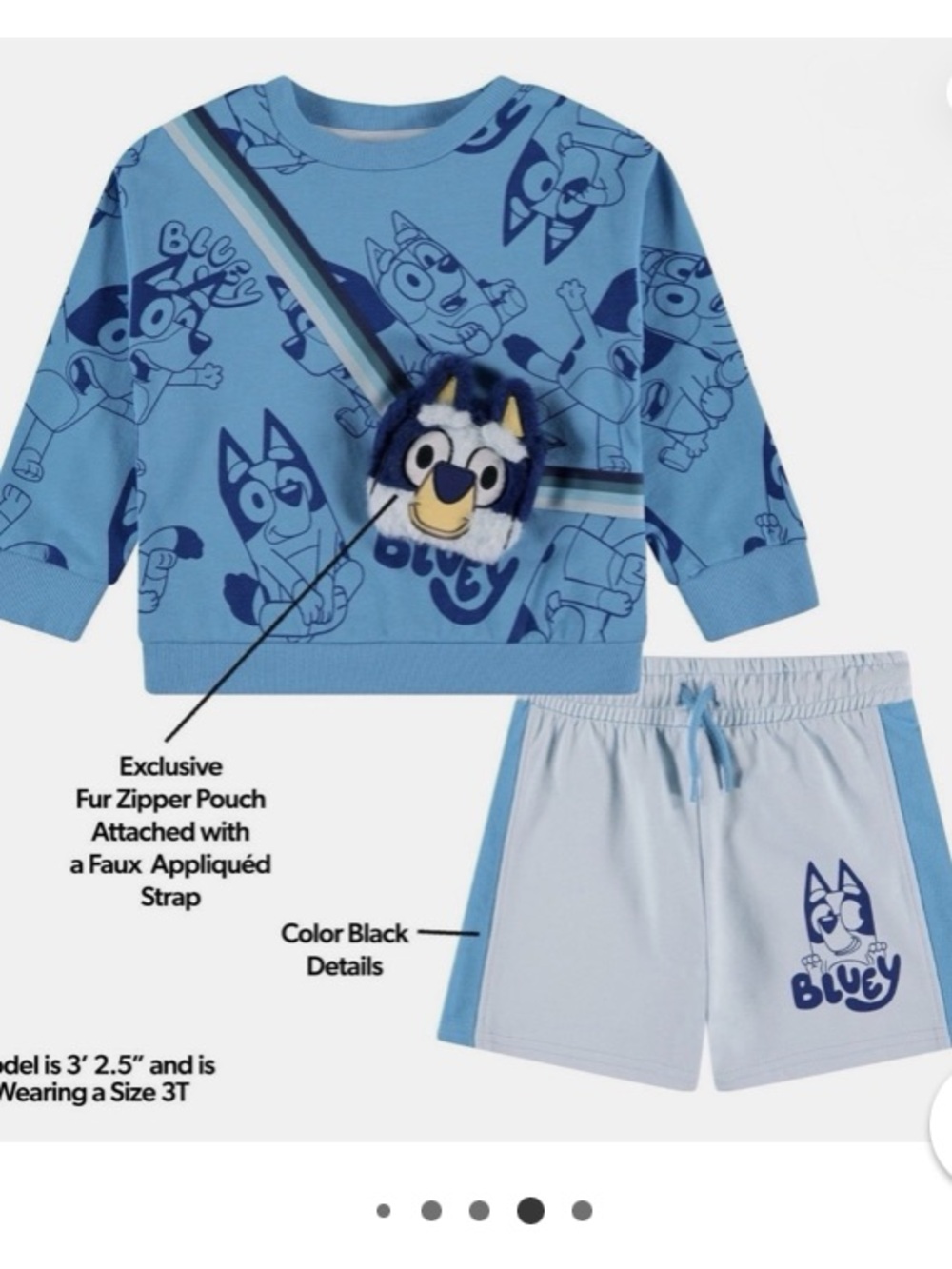 Bluey Kids Light Blue Matching Sweatshirt & Shorts Set with Fur Zipper Pouch